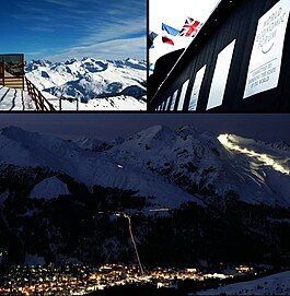 Top left: Weissfluhjoch, Top right: World Economic Forum congress centre, Bottom: View over Davos and the Schatzalp and Parsenn (right) ski area by night