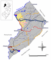 Location of Knowlton Township in Warren County highlighted in yellow (right). Inset map: Location of Warren County in New Jersey highlighted in black (left).