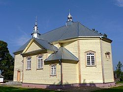 The wooden St. Charles Borromeo church in Upytė (built in 1878 upon the foundations of an earlier church from 1742).