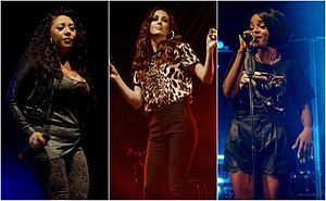 From left to right: Mutya Buena, Siobhán Donaghy and Keisha Buchanan, performing at Manchester Pride in August, 2013