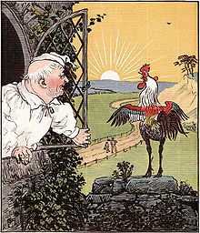 illustration of crowing rooster facing the rising sun with a man, dressed in nightcap and sleeping gown, leaning out the window. Background shows two small figures walking along a fenced road.