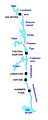 A map of the Kragerø watershed estuary, showing the names of the numerous bodies of water. The black squares represent power plants on the river.