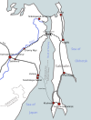 Map showing rail lines on Sakhalin island and the location of the Sakhalin tunnel to mainland Russia