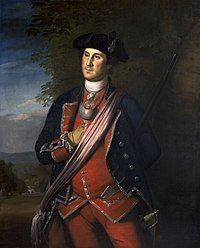 Painting of Washington, standing in a formal pose, in a colonel's uniform, right hand inserted in shirt.