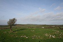 Photograph of the summit of Freestone Hill. Remnants of the burial cairn can still be observed around the site.