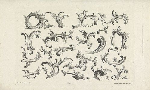 Combinations of Rococo C and S-shaped volutes, by Franz Xaver Habermann, 1731-1775, etching, Rijksmuseum