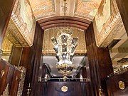 Ceiling detail and chandelier inside the Carew Tower