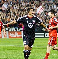 Moreno celebrating his 133rd career goal during his final match before retirement