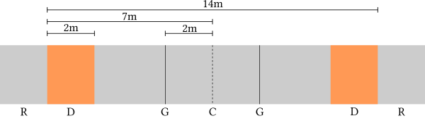 Fencing strip: (C) center line; (G) guard lines; (D) last 2 meters zone