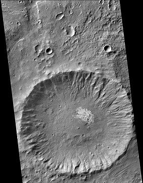 Suzhi Crater, as seen by CTX camera (on Mars Reconnaissance Orbiter). Light-toned layer is visible on the floor.