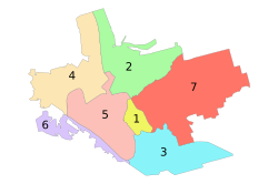 Administrative map of Zaporizhzhia; the Zavodskyi Raion is indicated by the number 2.