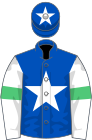 Royal blue, white star, white sleeves, emerald green armlets, royal blue cap, white star