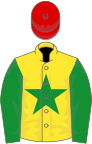 Yellow, green star and sleeves, red cap