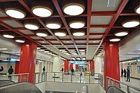 Line 8's concourse in Guloudajie station with drum-shaped lights inspired by nearby Drum Tower.