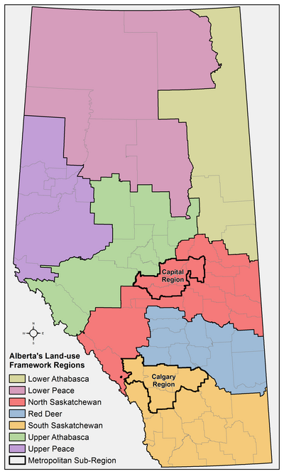 Alberta's Land-use Framework (LUF) planning regions and metropolitan sub-regions showing extent of Statistics Canada census consolidated subdivisions