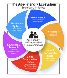 Model showing the Age-Friendly Ecosystem Model: Including, Universities, Public Health, Work Force, Health Care, and Communities