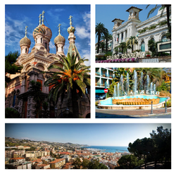 Clockwise from top left: Sanremo Russian style Orthodox Church; Sanremo Casino; Zampillo Fountain (Fontana dello Zampillo); panoramic view of downtown Sanremo, Teatro Ariston, Portosole yacht harbour and Ligurian Sea