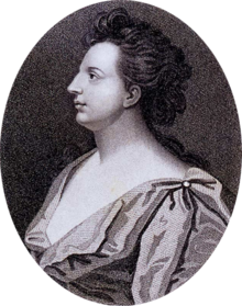 Black and white engraving of a woman's head and shoulders in profile