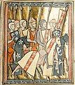 Miniature depicting the First Crusade from a manuscripts of Histoire d'Outremer (dated 1287). The image shows Godfrey of Bouillon and Adhemar of Le Puy. Godfrey is displaying the arms of Lorraine, a bend gules with three alerions argent. Adhemar is wearing a bishop's mitre and displaying a crescent on his shield.