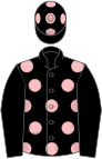 Black, pink spots, black sleeves, black cap, pink spots