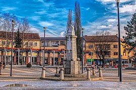 The memorial fountain in the town center