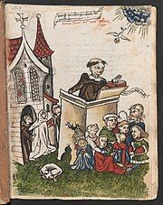 black-and-white-drawing of the preacher Berthold von Regensburg, speaking from an open-air pulpit to a group of people, with a church left and the Holy Spirit as a dove in the upper right corner