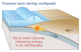 Plate slips, causing subsidence and releasing energy into water.