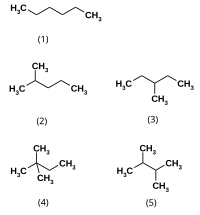 zig-zag models of hexane and four isomers