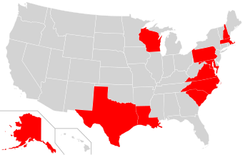 A map of the United States with Alaska, Wisconsin and Texas in red along with a swathe of the north eastern states.