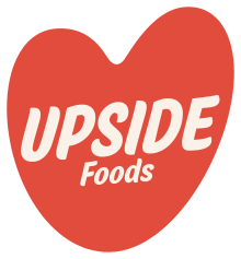 Pink orange heart with Upside Foods written inside with a thick marker font