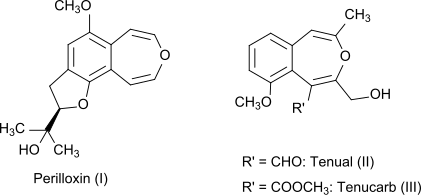 Structural formulas of perilloxin, tenual und tenucarb