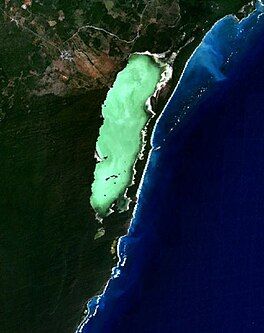 Satellite image of a coastline. On the right is a large blue body of water (ocean) and on the left is green land. Close to the coast, there is a green, oblong lake.