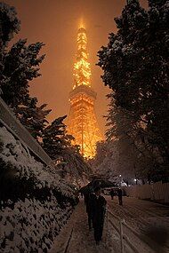 Tokyo Tower during a snowfall in 2018