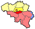 Image 7Map showing the division of Brabant into Flemish Brabant (yellow), Walloon Brabant (red) and the Brussels-Capital Region (orange) in 1995 (from History of Belgium)