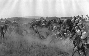 A charge of German hussars during the Kaisermanöver ("Imperial Maneuvers") of 1912: The German Emperor appreciated the massive cavalry charges, which impressed the military attachés. The German army had eleven cavalry divisions, but they were spread over two fronts.