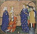 15th century miniature showing the future Edward III giving homage to Charles IV, under the guidance of his mother Isabella in 1325.