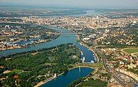 Aerial view of Belgrade downtown and river shores