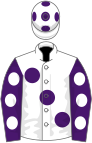 White, large purple spots, purple sleeves, white spots, white cap, purple spots