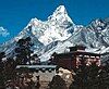 A massive mountain, dusted in snow, looms against a blue sky over a monastary surrounded by trees.