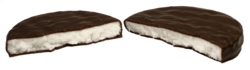 A York Peppermint Pattie split in half.