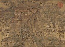 A section of the painting "Along the River During the Qingming Festival" which depicts a Bianjing city gate with a guard tower built on top of the gate.