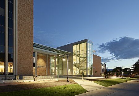 The Jon M. Huntsman School of Business' north-facing entrances.