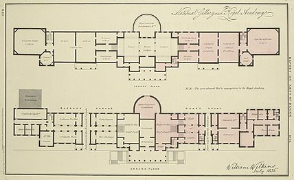 The piano nobile and ground floor of Wilkins's building, before expansion. Note the passageways behind the east and west porticoes. Areas shaded in pink were used by the Royal Academy until 1868.