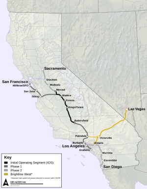 Map of planned high-speed rail routes in California. The separate Brightline West is indicated in yellow.