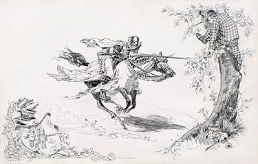 "Knight in armor tilting at man in modern dress in tree onto which a man in modern dress has climbed for refuge"