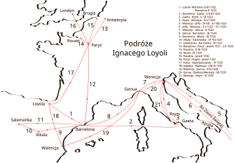 The journeys of Ignatius of Loyola at different times