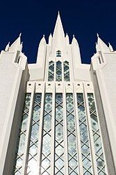 The stained glass wall of the West spire