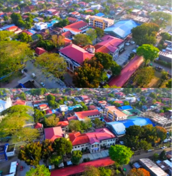 The image shows the aerial view Burauen LGU Municipal Halls and its related department buildings.