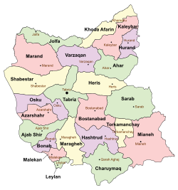 Location of Mianeh County in East Azerbaijan province (bottom right, pink)