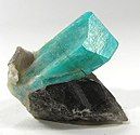 Deep robins-egg blue color amazonite crystal on smoky quartz and albite, from Teller County, Colorado. Size: 3.4 cm × 3.3 cm × 2.5 cm (1.3 in × 1.3 in × 1.0 in).